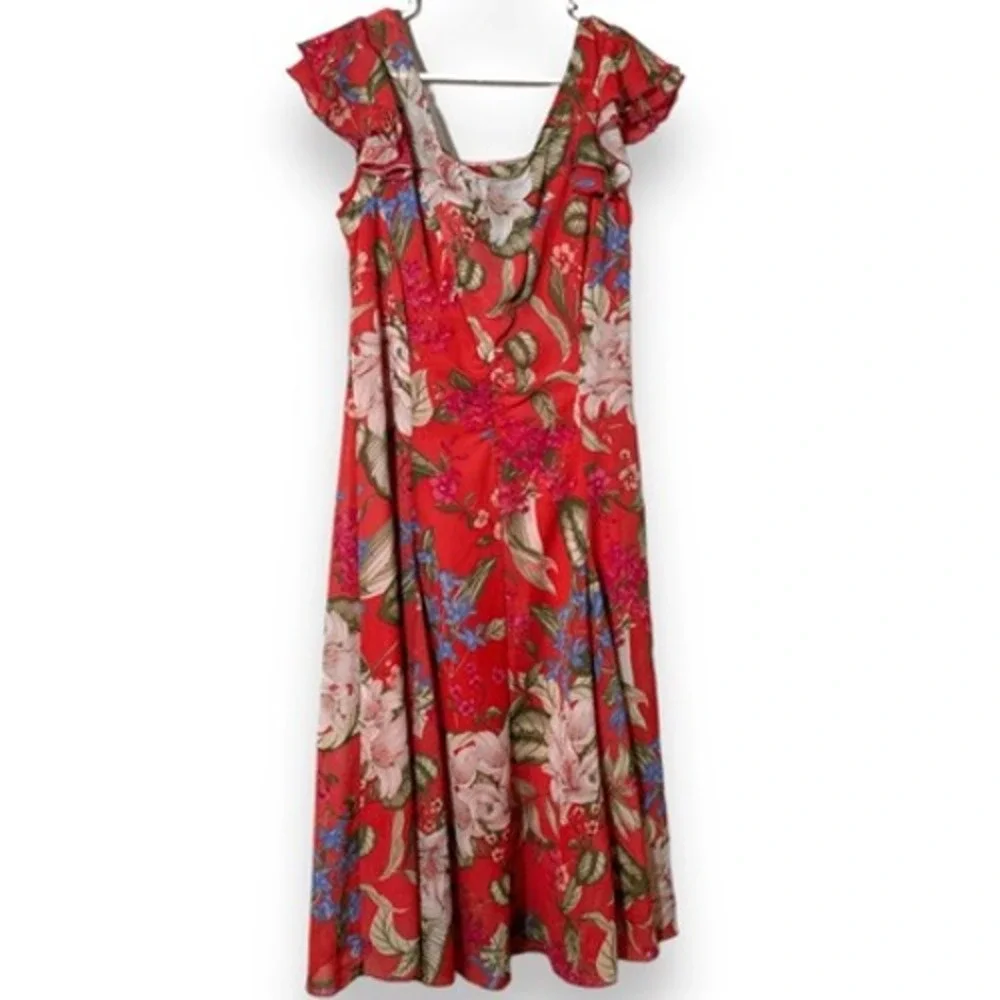 Vintage Y2K Shelby & Palmer Womens Red Floral Flutter Sleeve Midi Dress sz‎ 12 - Picture 2 of 4